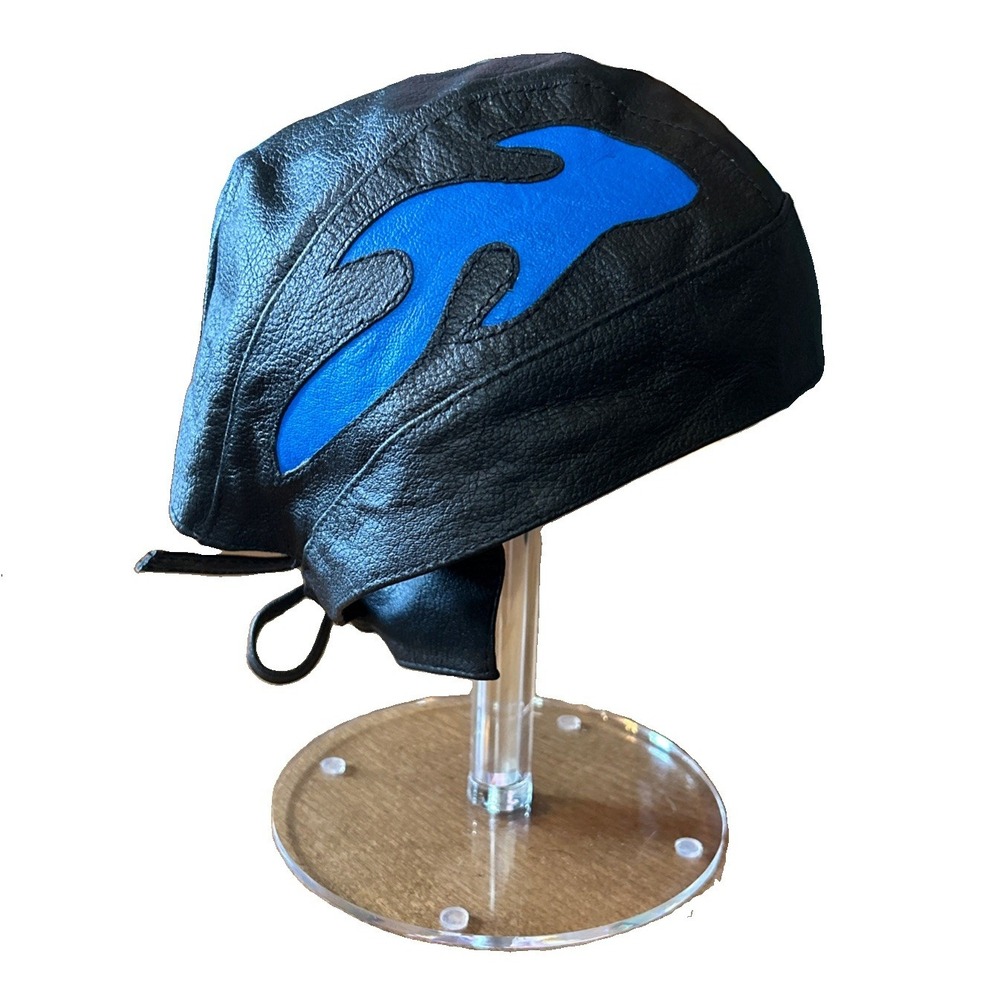 Vintage Leather Skull Cap Black Blue Flames Harley Bandana Motorcycle Head Wrap
